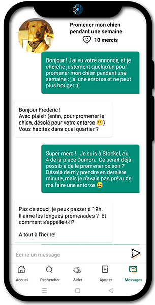 Discussion entre deux utilisateurs pour promener un chien